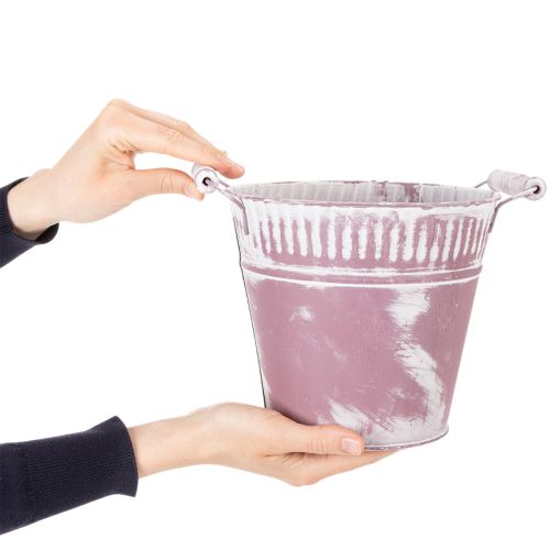 Tin bucket, purple and white washed, Ø19cm H17cm, 1 pc. | Floristik24.ie