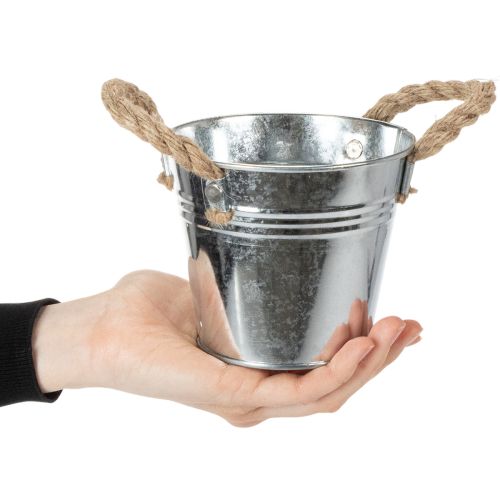 Glossy metal bucket with rope handles, Ø12cm | Floristik24.ie