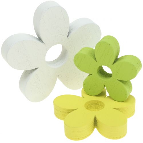 Wooden flower white/yellow/green 3cm - 5cm 48p