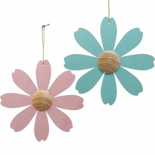 Wooden flowers for hanging, spring decoration, wooden flower pink and blue, summer, decorative flowers 4pcs