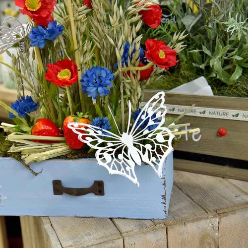 Flower plug butterfly, garden decoration metal, plant plug shabby chic white, silver L51cm 3pcs