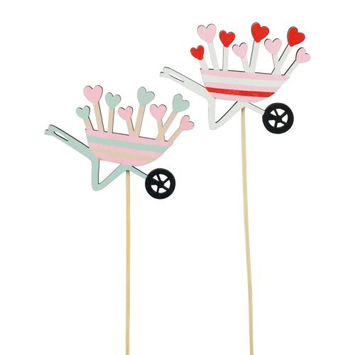 Floristik24 Flower plug wheelbarrow wooden hearts colored 9x6.5cm 12pcs
