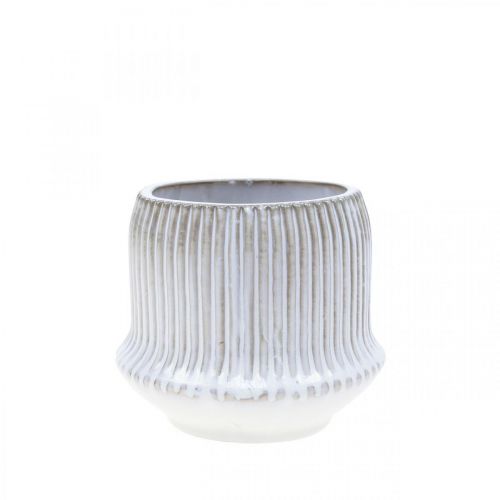 Flower pot ceramic planter with grooves white Ø10cm H8.5cm