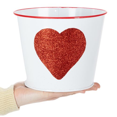 Product White flower pot with red heart, planter, Ø18cm H13.5cm