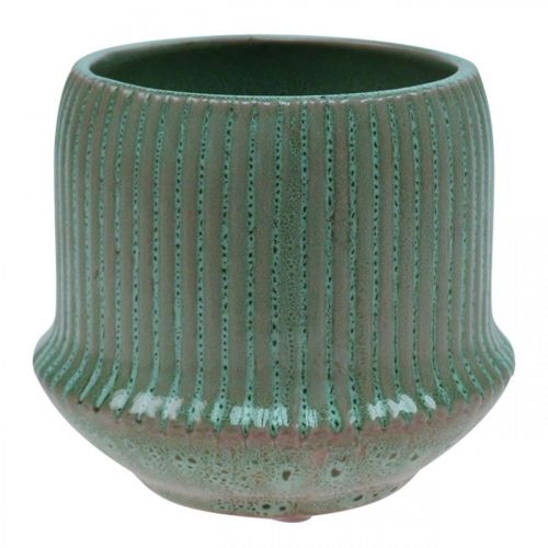 Product Flower pot ceramic planter with grooves light green Ø14.5cm H12.5cm