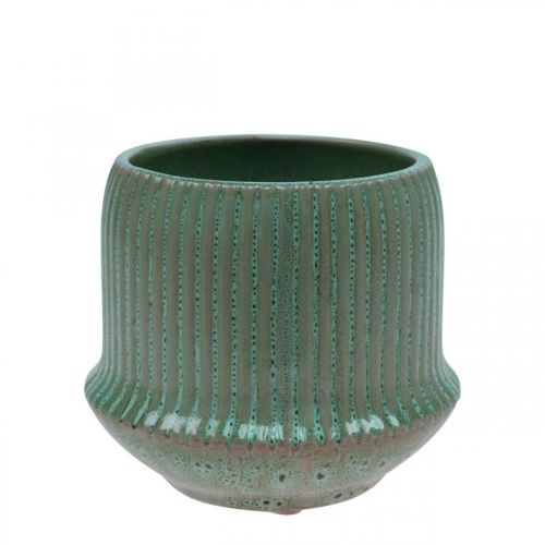 Flower pot ceramic planter with grooves green Ø12cm H10.5cm