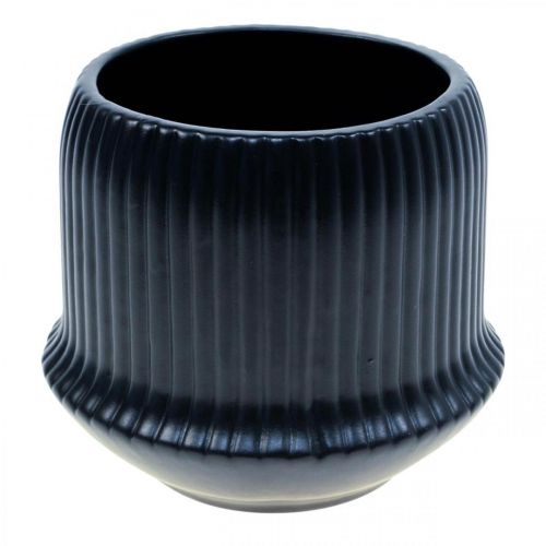 Flower pot ceramic planter grooves black Ø14.5cm H12.5cm