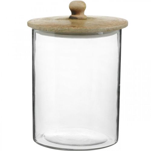 Floristik24 Glass jar, bonboniere with wooden lid, decorative glass natural color, clear Ø17cm H24.5cm