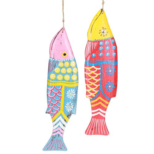 Colorful wooden fish decoration for hanging red blue assorted 38cm 2pcs
