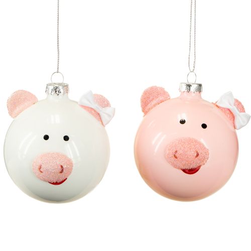 Floristik24 Christmas tree bauble pig pink white glass ball Ø8cm 2pcs