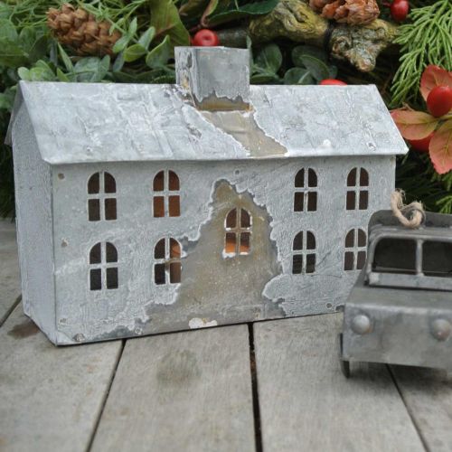 Product Lantern house metal, decoration for Christmas, shabby chic, white washed, antique look H12.5cm L17.5cm