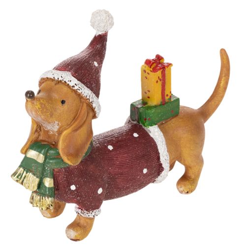 Decorative dachshund figurine with gift package and hat, 18cm