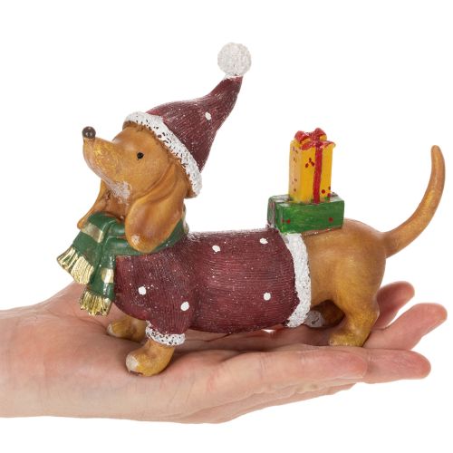 Decorative dachshund figurine with gift package and hat, 18cm | Floristik24.ie