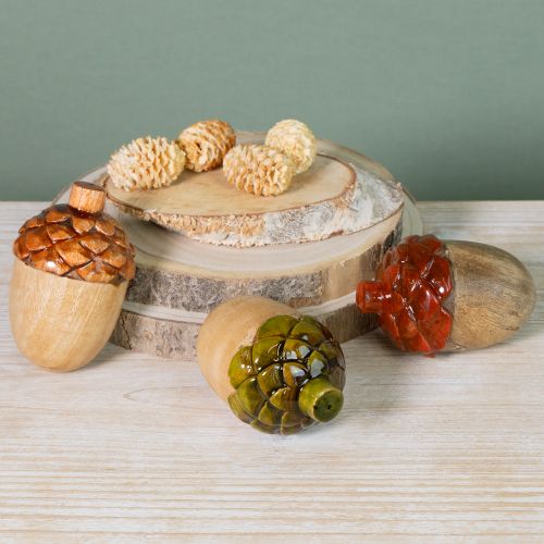 Product Decorative acorns wooden table decoration green orange red H10cm 3 pieces