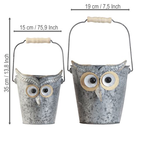 Product Decorative bucket owl planter zinc with handle Ø15/19cm set of 2