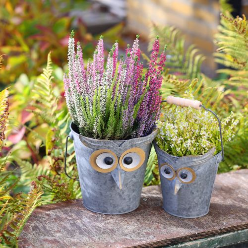 Product Decorative bucket owl planter zinc with handle Ø15/19cm set of 2