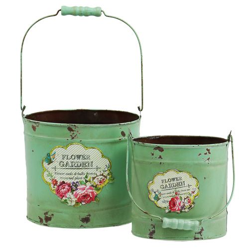 Floristik24 Decorative bucket oval 2-set rose motif green 13.5cm / 17cm