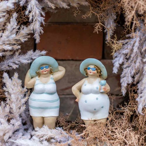 Floristik24 Decorative figure ladies on the beach, summer decoration, bathing figures with hat blue/white H15/15.5cm set of 2