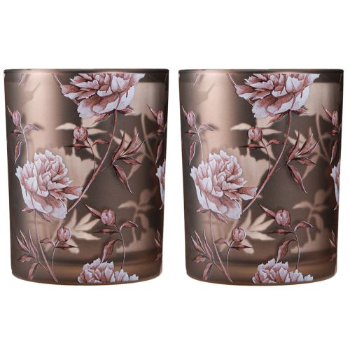 Product Decorative glass lantern peonies silver brown H12.5cm 2 pcs