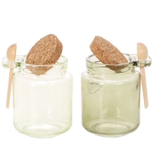 Decorative glass with cork lid and spoon, green, Ø7cm, H10cm, 2 pieces | Floristik24.ie