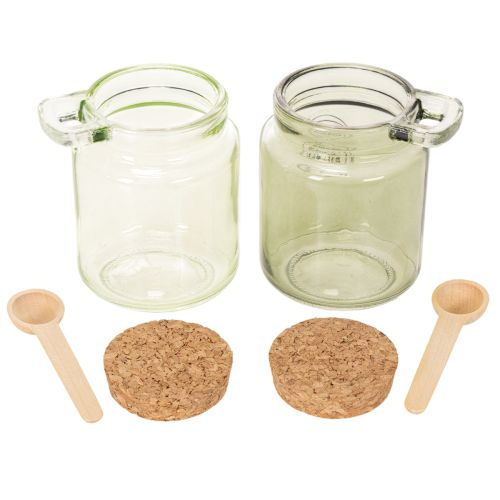 Decorative glass with cork lid and spoon, green, Ø7cm, H10cm, 2 pieces | Floristik24.ie