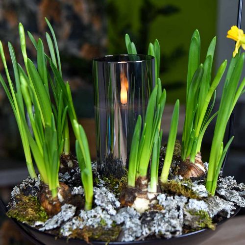 Product Decorative candle in a silver glass, LED light warm white, real wax, timer, battery-operated Ø7.3cm H17.7cm