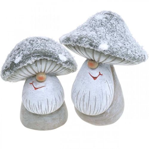 Deco mushroom gnome figure mushroom gnome grey, white 7×9cm 2pcs