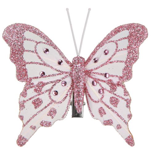 Decorative butterflies made of feathers pink glitter 7.5x7cm 4 pcs