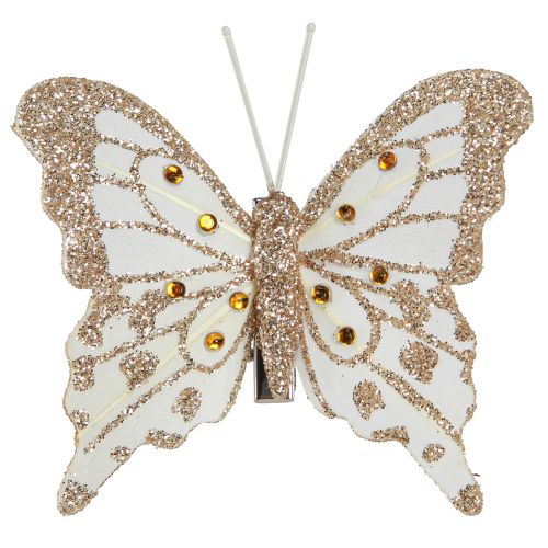 Product Feather decoration butterflies in gold on clip 7.5x7cm 4 pcs