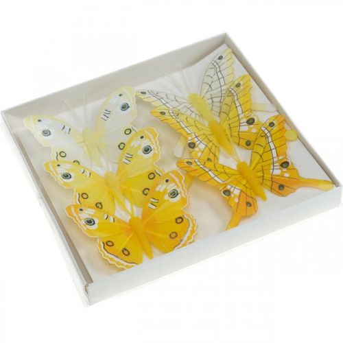 Floristik24 Decorative butterflies yellow feather butterfly on wire 7.5cm 6pcs