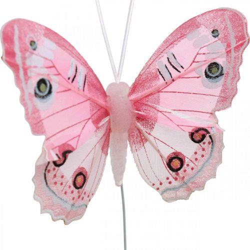Floristik24 Decorative butterflies pink feather butterfly on wire 7.5cm 6pcs