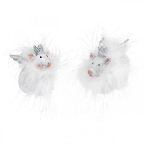 Deco pig with crown figure lucky pig white 7cm 2pcs