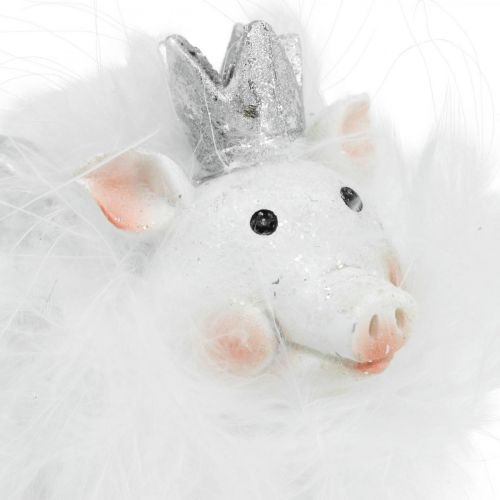 Deco pig with crown figure lucky pig white 7cm 2pcs