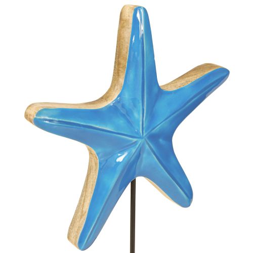 Product Decorative starfish on base wood natural blue Ø22cm H32cm