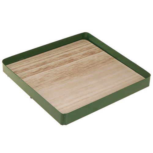 Product Decorative tray metal square green wooden base 25.5×25.5cm