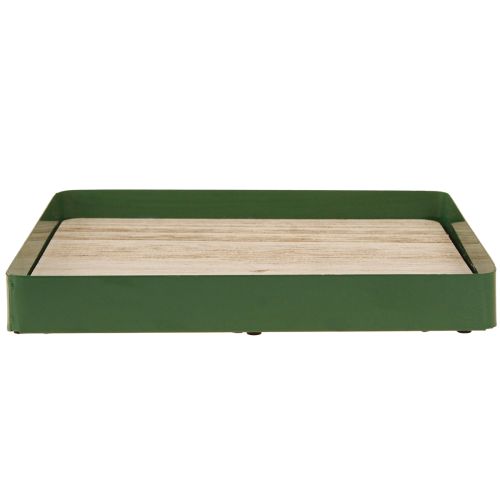 Product Decorative tray metal square green wooden base 25.5×25.5cm