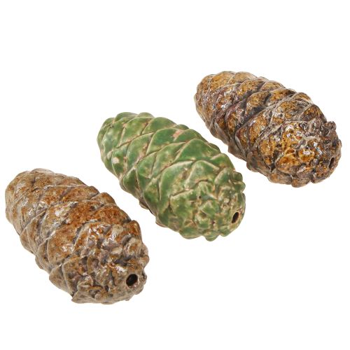 Decorative ceramic pine cones, assorted green, yellow, brown, 8.5cm, 6 pieces | Floristik24.ie
