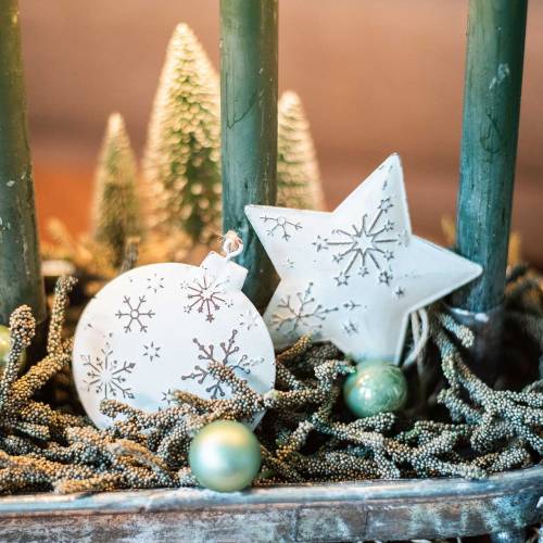 Floristik24 Decorative hanger star and Christmas tree ball with snowflakes metal white Ø9.5 / 7.6cm H10 / 9.2cm 4pcs