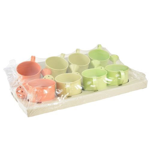 Product Decorative watering can set in pastel salmon, green, yellow-green - metal planter Ø11cm H10cm, 8 pieces