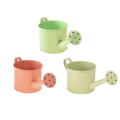 Floristik24 Decorative watering can set in pastel salmon, green, yellow-green - metal planter Ø11cm H10cm, 8 pieces