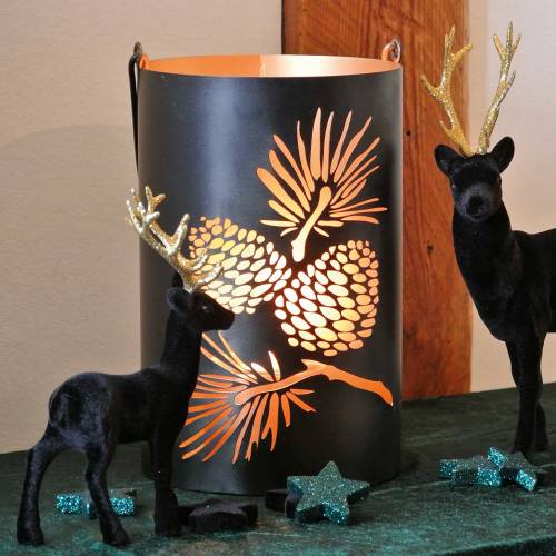 Product Deco lantern round with handle forest metal black, gold Ø16cm H26cm