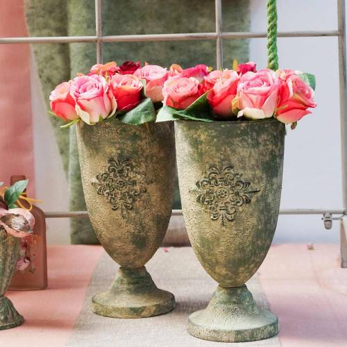 Floristik24 Decorative metal cup with ornament moss green, beige Ø16cm H31cm