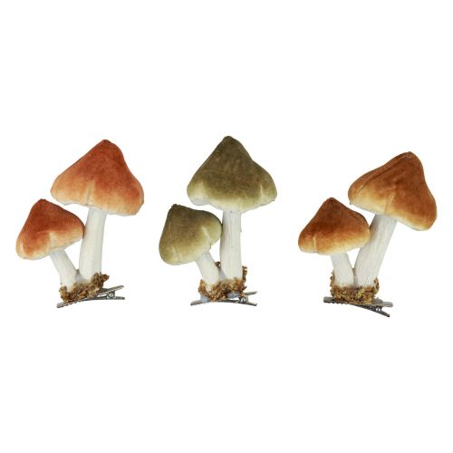 Deco mushrooms with clip autumn decoration flocked sorted 9cm 3pcs