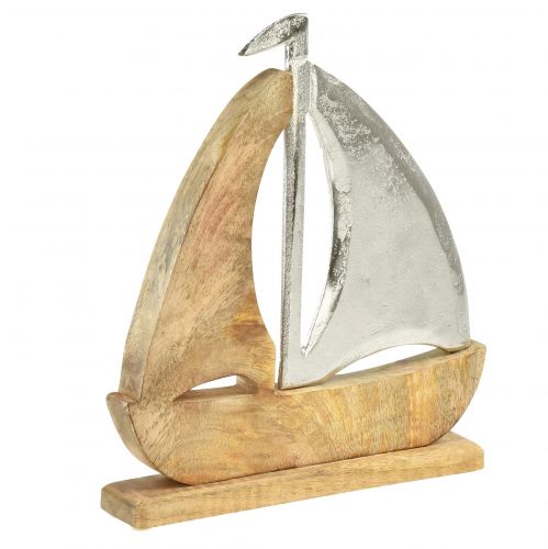Decorative ship wood metal silver mango wood 16.5x4x18.5cm