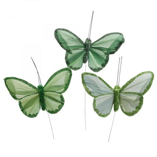 Decorative butterflies green feather butterflies on wire 10cm 12pcs