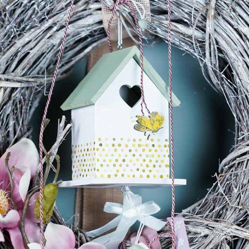Product Decorative bird house to hang green-white 12cm