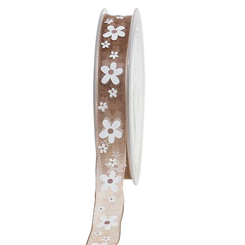 Deco ribbon light brown with flower motif 15mm 20m