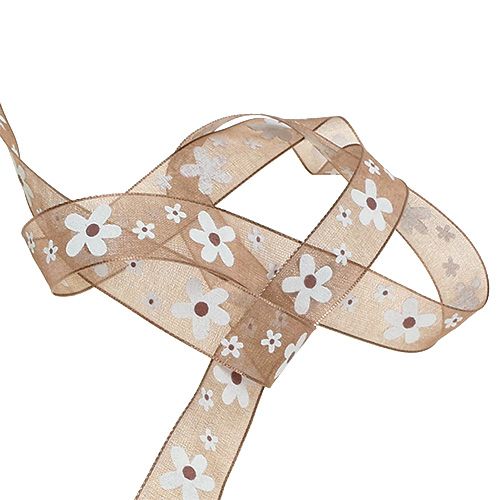 Floristik24 Deco ribbon light brown with flower motif 15mm 20m