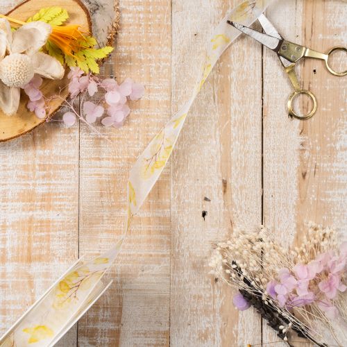 Decorative ribbon with leafy branch motif, organza ribbon, 25mm wide, 20m long | Floristik24.ie