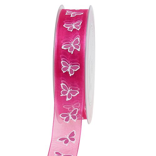 Deco ribbon with butterfly pink 25mm 20m | Floristik24.ie